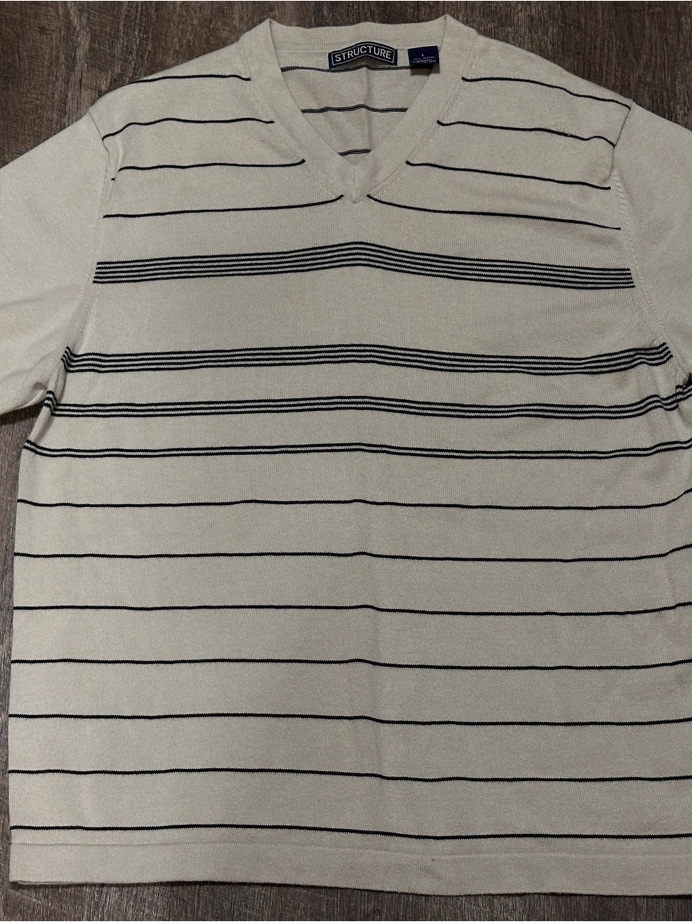 Structure Cream Short Sleeve Knit Top with Black Stripes